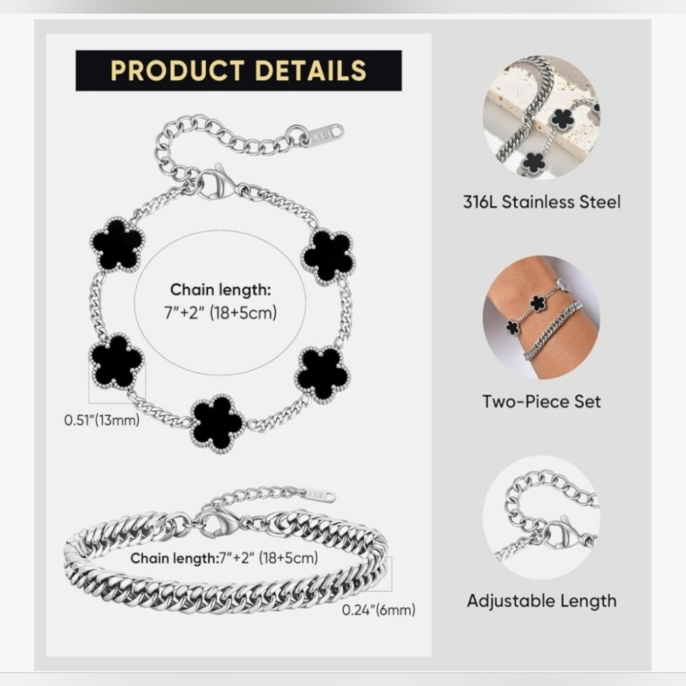 2pcs Lucky Charm Four Leaf Clover Flower Bracelets Trendy - Stainless Steel - Picture 3 of 3